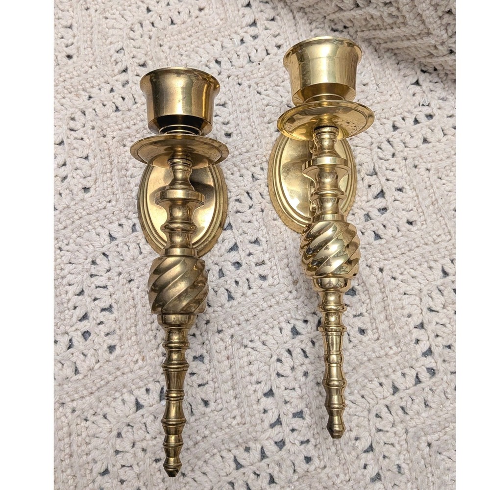 Vintage Solid Brass Wall Sconce Candle Holders Spiral Twist Ornate Gold 9.5"